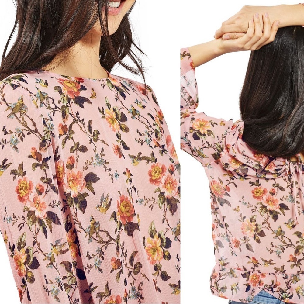 Topshop Floral Trumpet Sleeve Sheer Blouse